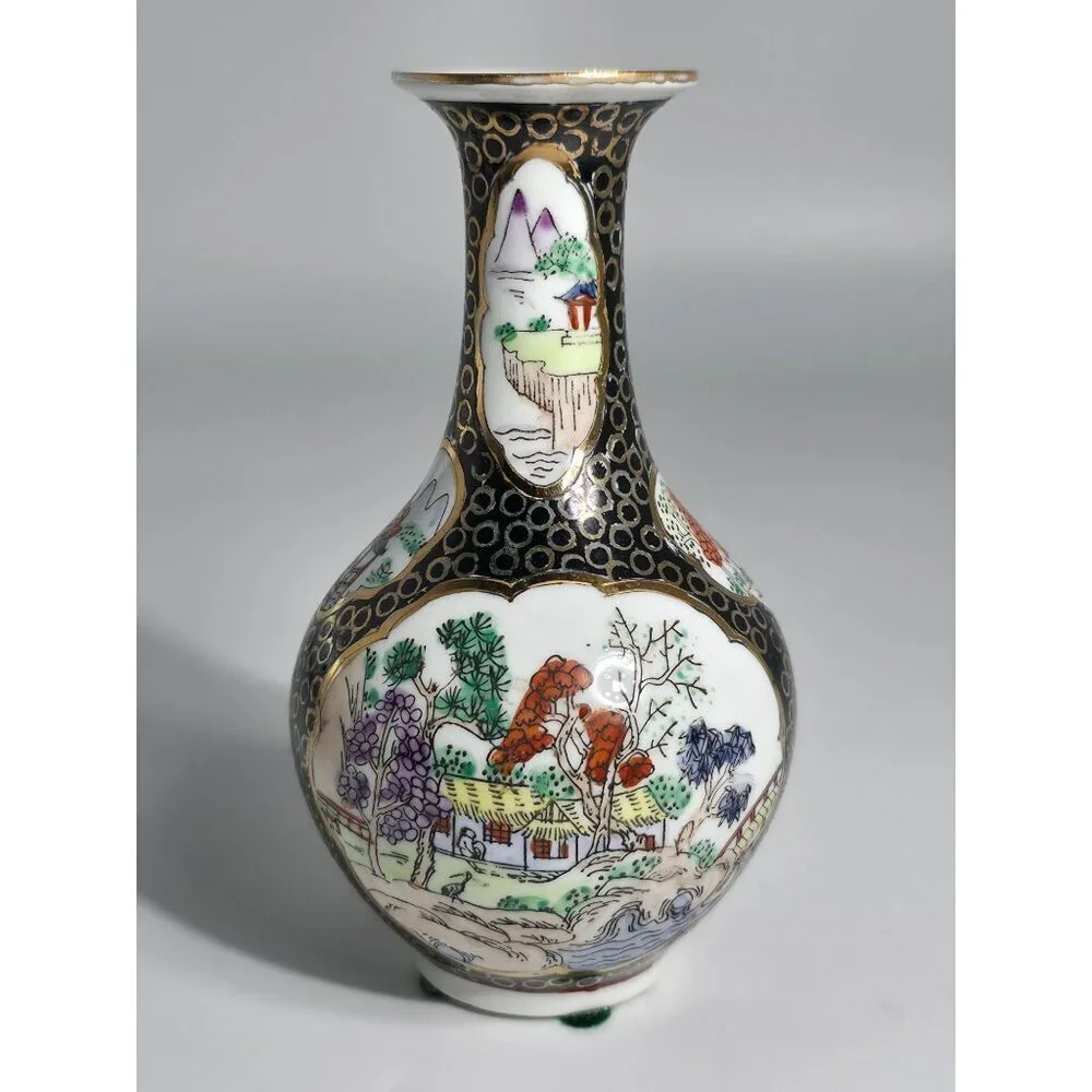 Vintage Hand Painted Porcelain Vase With Scenic Landscapes Gold Detailing